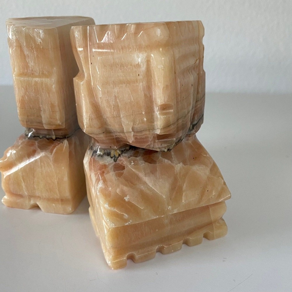 Vintage Mid-Century Carved Marble Onyx Aztec Mayan Tiki Stone Bookends Statues 2